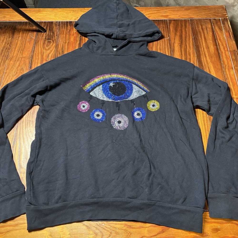 Lauren Moshi Women's Crystal Rainbow Evil Eye Hoodie in Black XS A1841